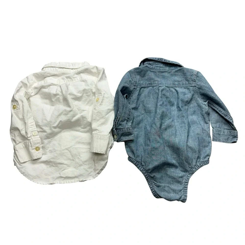 Baby Gap 12-18 Months Chambray Bodysuit Lot Of 2 Embroidered Bear Long Sleeve